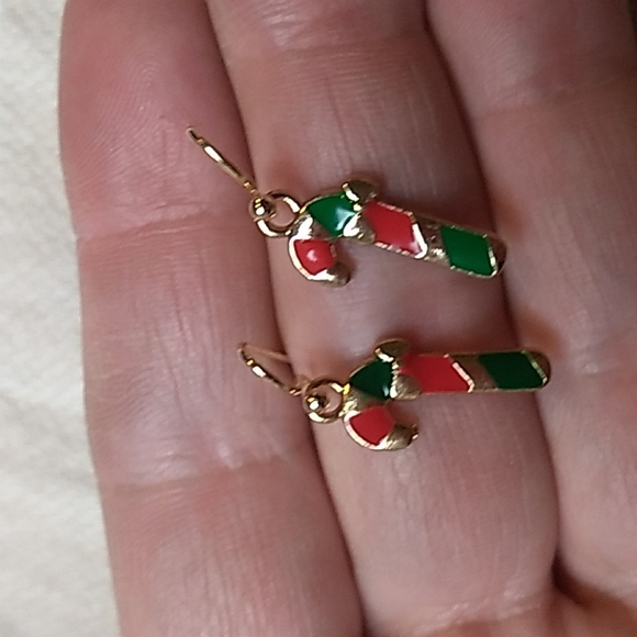 Hypoallergenic Metal Christmas Earrings Candy Cane in Gold, Red & Green - Picture 4 of 7
